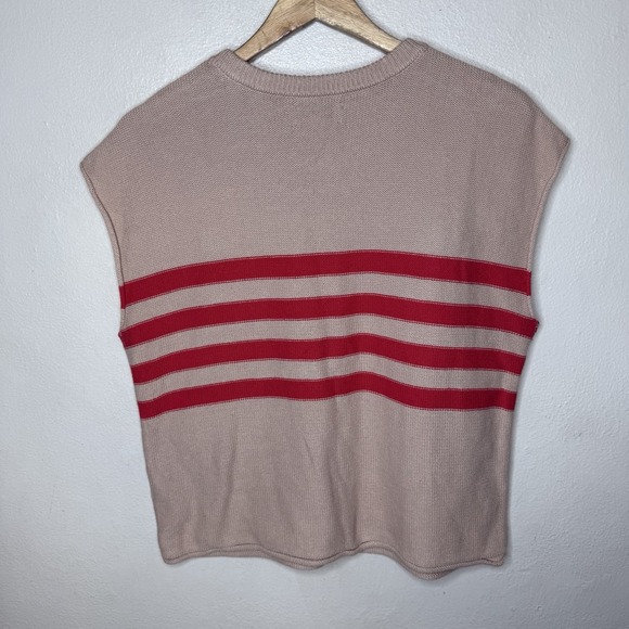 Evereve Jane Pullover Beige Red Cotton Knit Boxy Sweater Top Women's Large Beach - Picture 4 of 9